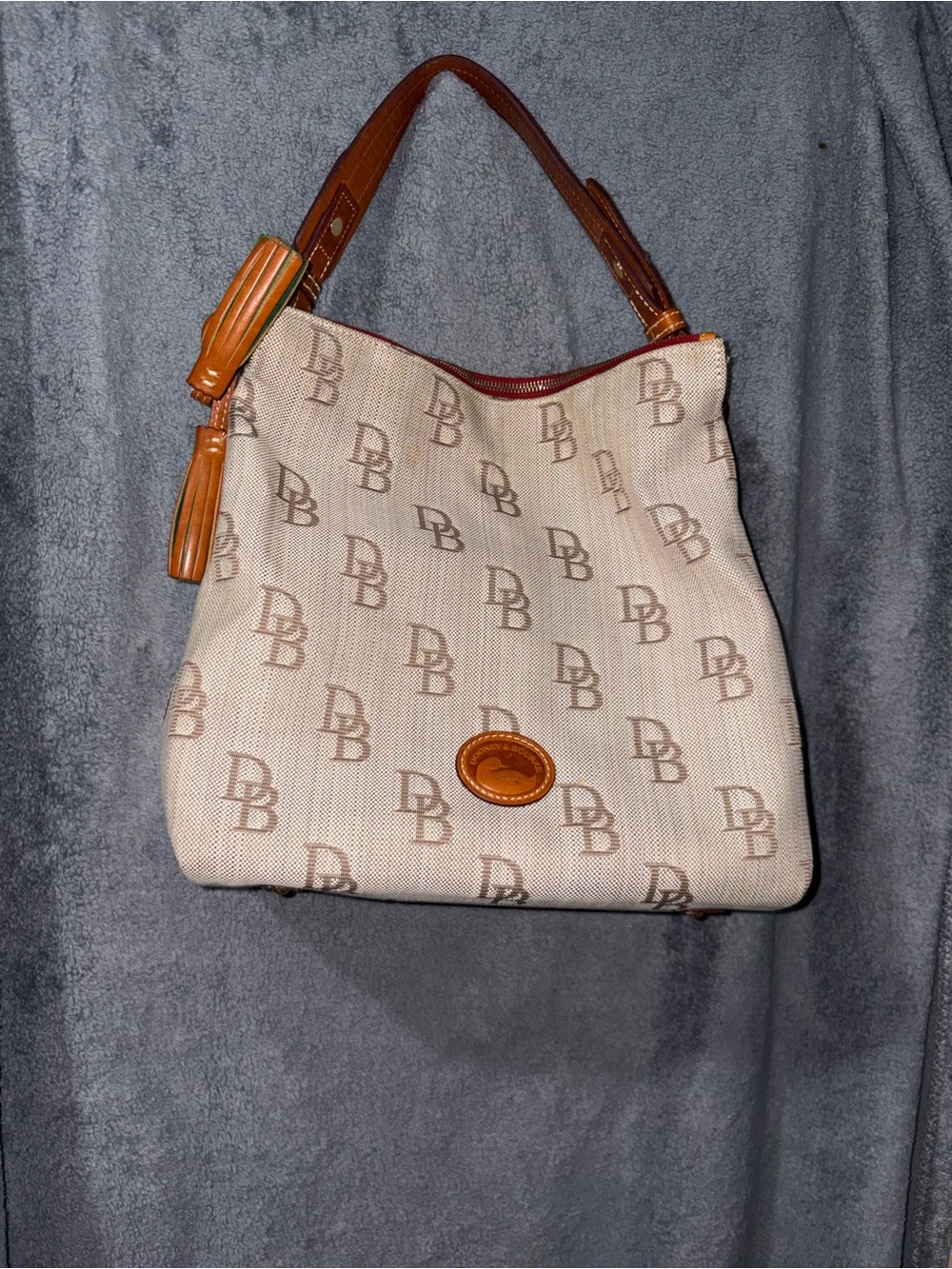 Dooney & Bourke Beige Monogram Hobo with Brown Trim